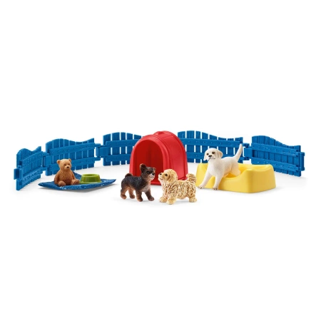 Schleich 42480 POKÓJ DLA PSÓW 4 FIGURKI pies psy miś ogrodzenie płot buda 