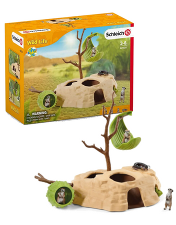 Schleich 42595 SURYKATKA BAZA +DUŻO surykatek skolopendra figurki PREMIUM