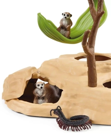 Schleich 42595 SURYKATKA BAZA +DUŻO surykatek skolopendra figurki PREMIUM