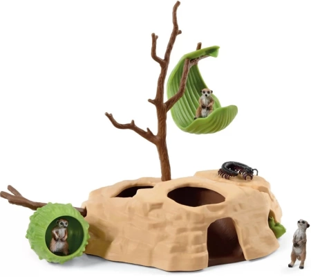 Schleich 42595 SURYKATKA BAZA +DUŻO surykatek skolopendra figurki PREMIUM