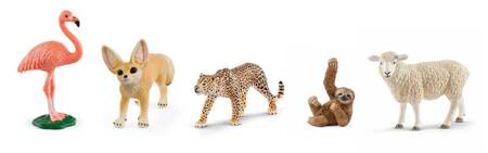 5w1 SCHLEICH Figurki Zwierzęta dla dzieci Lwica Lampart Flaming Lis Owca