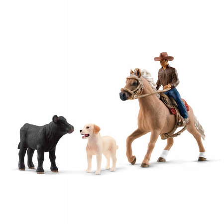 SCHLEICH 42578 ZESTAW Kowboj dżokej koń krowa pies