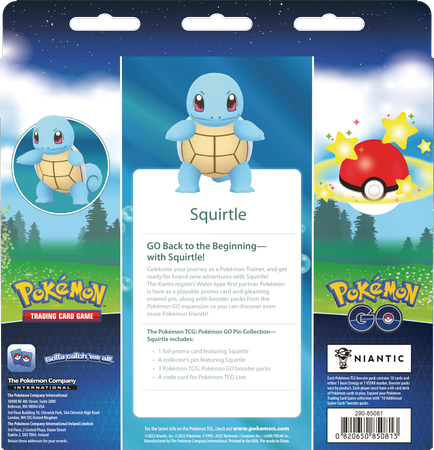 SQUIRTLE +3x BOOSTER karty PRZYPINKA +KOD gra POKEMON TCG GO Pin Collection ORYGINALNE KARTY